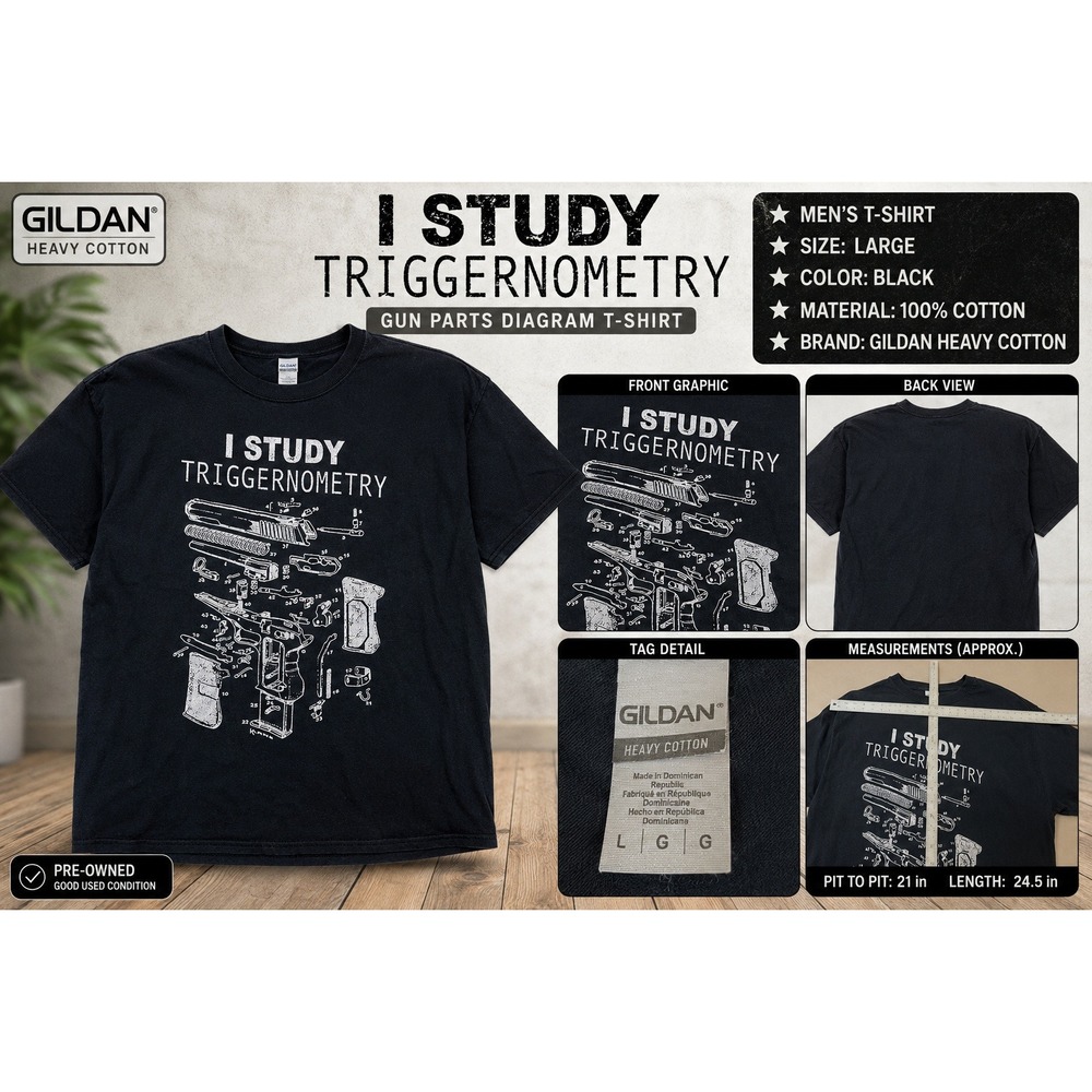 Gildan I Study Triggernometry Gun Parts Diagram Black T-Shirt Mens Large L